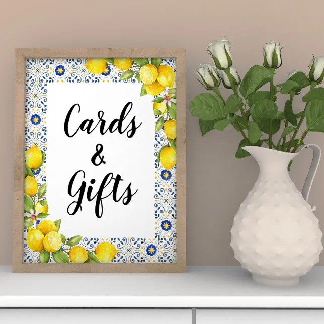 Lemon on blue tiles Cards and Gifts Sign | Zazzle
