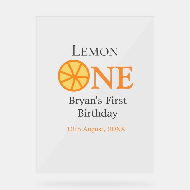 Lemon one happy 1st birthday orange gray retro boh acrylic sign (Front)