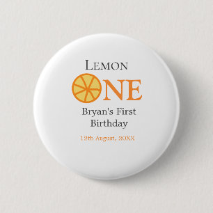 Lemon one happy 1st birthday orange gray retro boh button