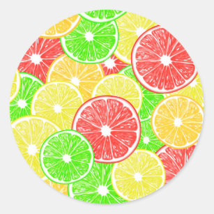 Lemon, orange, grapefruit and lime slices pattern classic round sticker