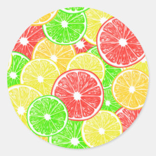 Lemon, orange, grapefruit and lime slices pattern classic round sticker