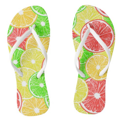 Lemon orange grapefruit and lime slices pattern flip flops