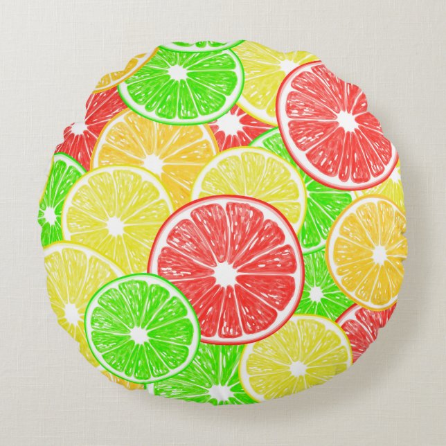 Lemon, orange, grapefruit and lime slices pattern round pillow (Front)