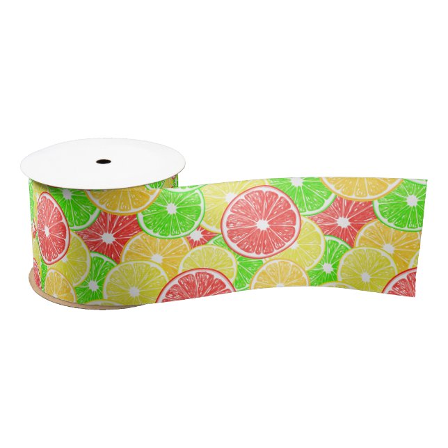 Lemon, orange, grapefruit and lime slices pattern satin ribbon (Spool)