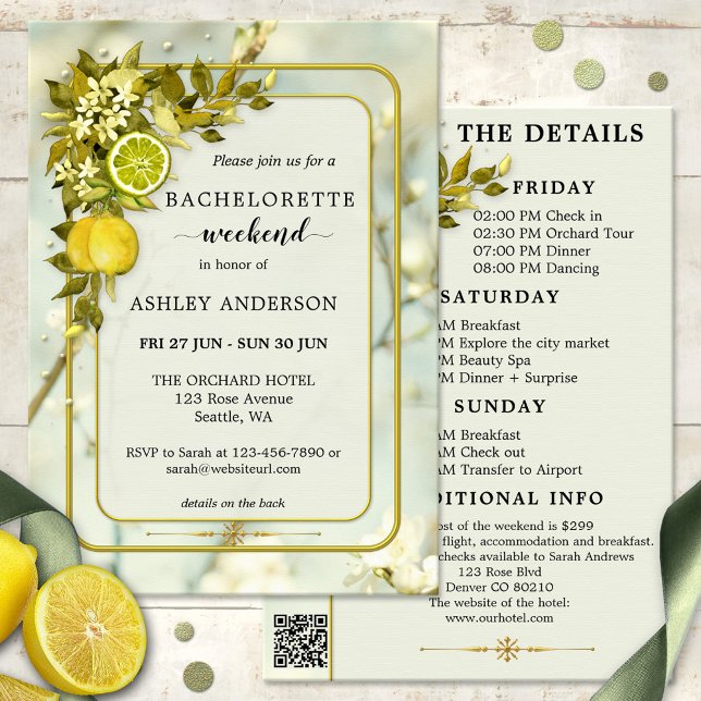 Lemon Orchard Watercolor Bachelorette Weekend Invitation (Bachelorette weekend itinerary invite showing watercolor citrus fruits and green leaves with flowers)