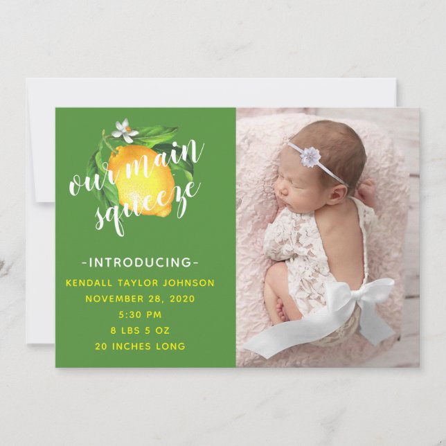 Lemon Our Main Squeeze Photo Birth Announcement (Front)