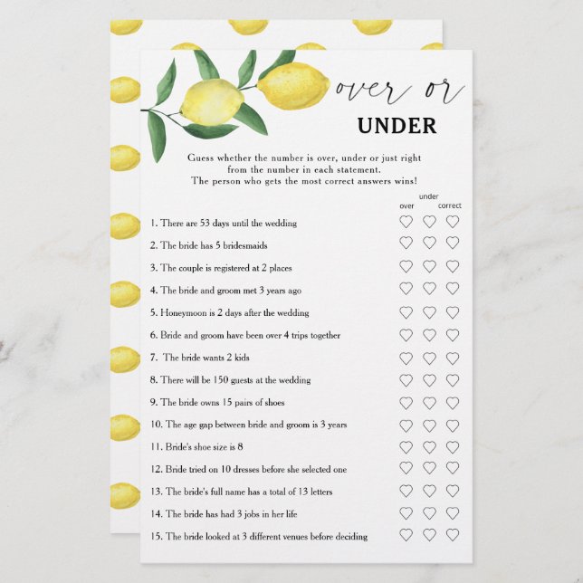 Lemon - Over or under bridal shower game (Front/Back)