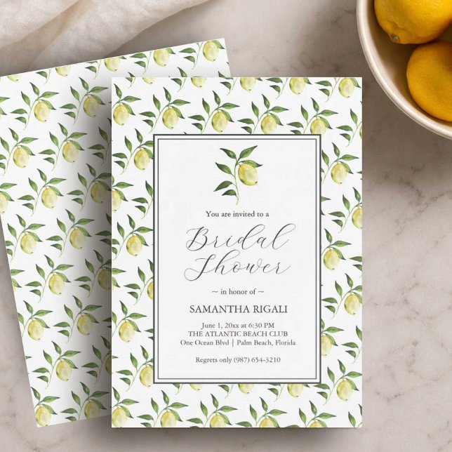 Lemon Pattern Bridal Shower Invitations (Lemon bridal shower invitations designed with hand painted art by Florida watercolor artist Victoria)