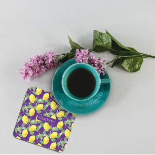 Lemon pattern custom name yellow purple square paper coaster