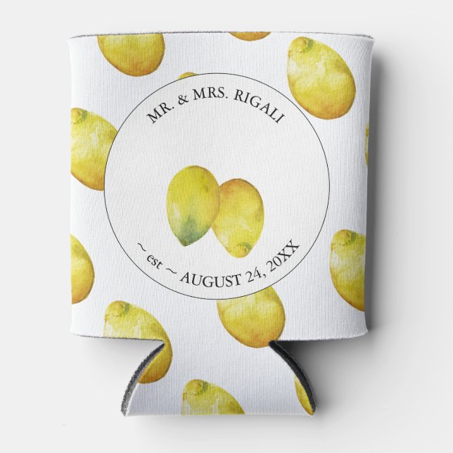 Lemon Pattern Custom Wedding Can Coolers (Front)