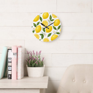 Lemon Pattern Design   Fresh Citrus Summer Print  Large Clock