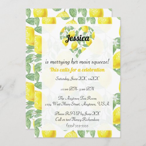 Lemon Pattern Heart Main Squeeze Bridal Shower Invitation