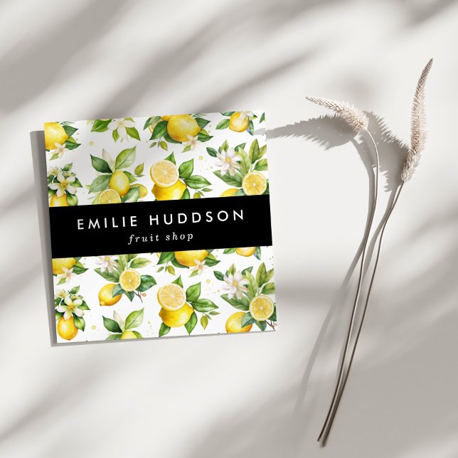 Lemon Pattern, Lemon Flowers, Citrus, Fruit Shop Square Business Card (Creator Uploaded)