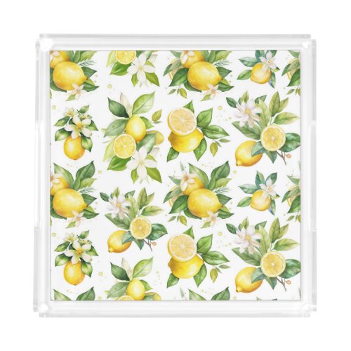 Lemon Pattern Lemon Flowers Leaves Citrus Acrylic Tray