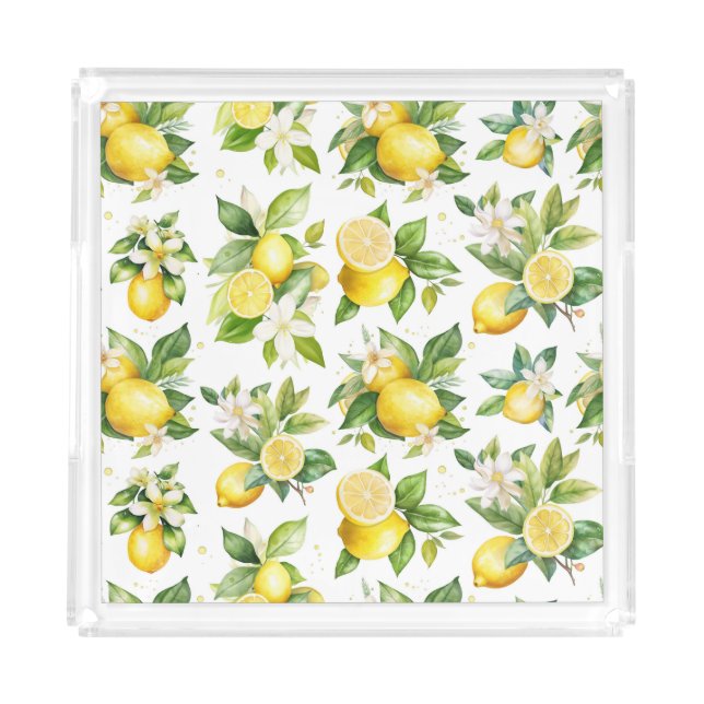 Lemon Pattern, Lemon Flowers, Leaves, Citrus Acrylic Tray (Front)