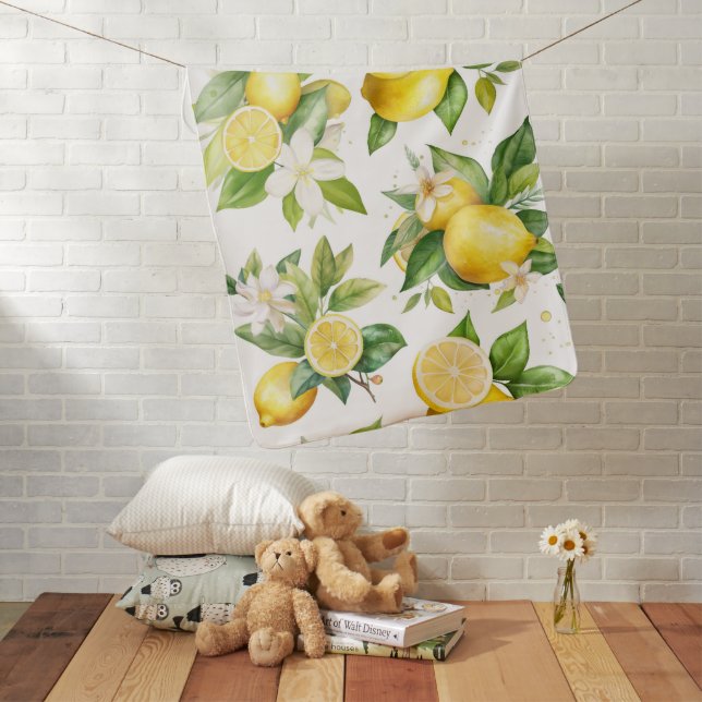 Lemon Pattern, Lemon Flowers, Leaves, Citrus Baby Blanket (In Situ)