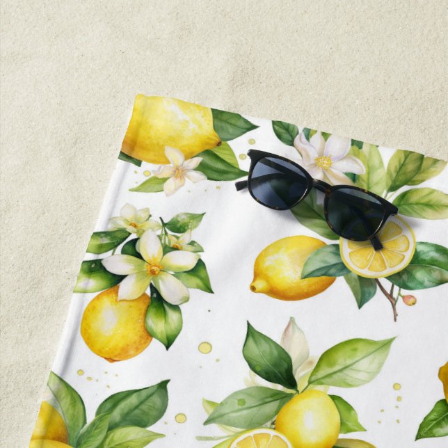 Lemon Pattern, Lemon Flowers, Leaves, Citrus Beach Towel (In Situ)