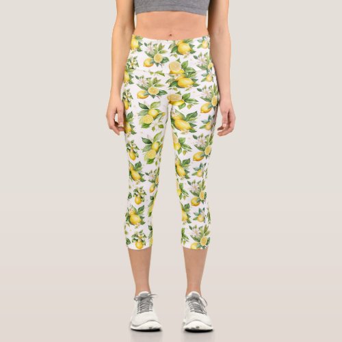 Lemon Pattern Lemon Flowers Leaves Citrus Capri Leggings