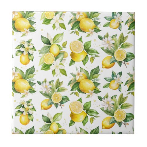 Lemon Pattern Lemon Flowers Leaves Citrus Ceramic Tile