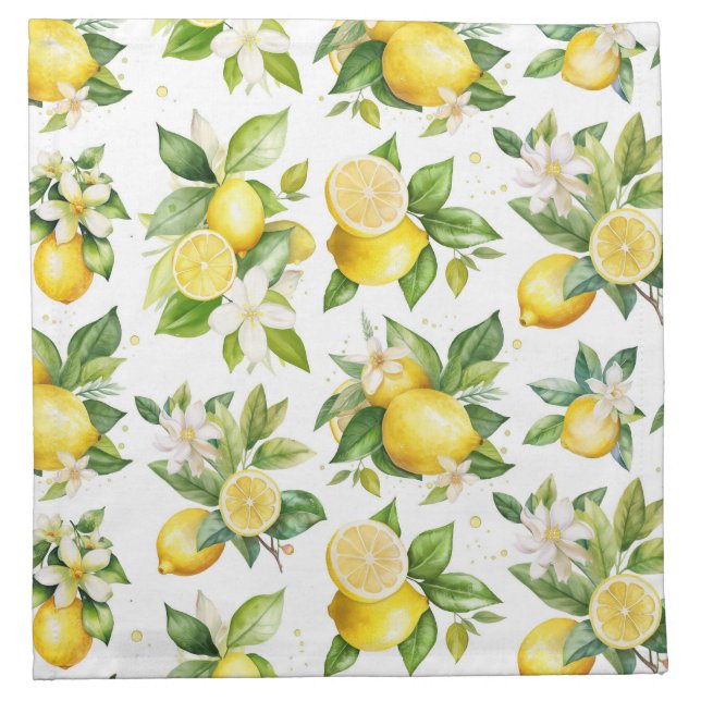 Lemon Pattern, Lemon Flowers, Leaves, Citrus Cloth Napkin (Front)