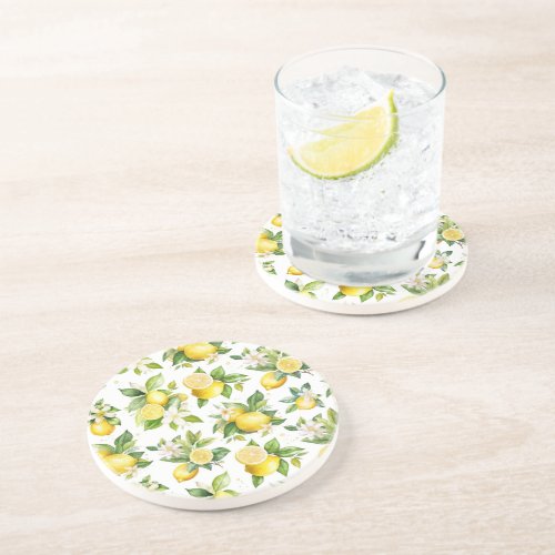 Lemon Pattern Lemon Flowers Leaves Citrus Coaster