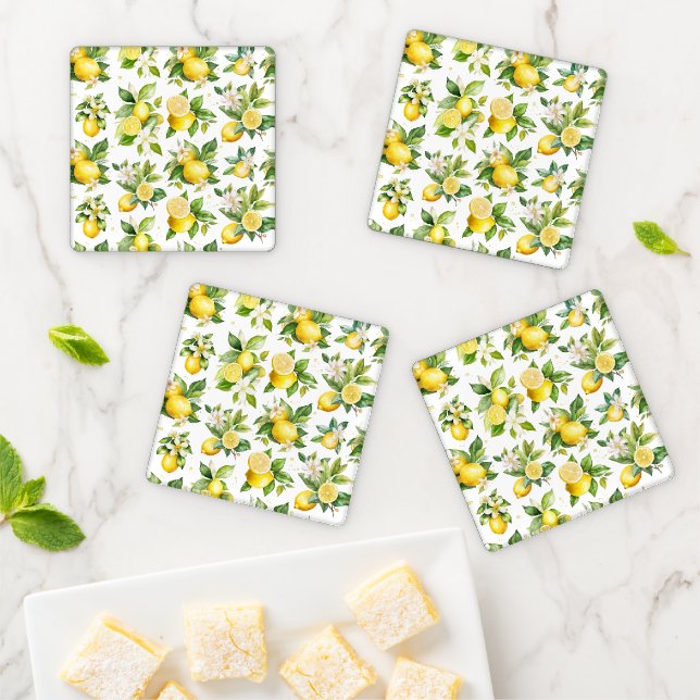 Lemon Pattern, Lemon Flowers, Leaves, Citrus Coaster Set (In Situ)