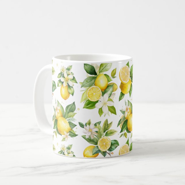Lemon Pattern, Lemon Flowers, Leaves, Citrus Coffee Mug (Front Left)