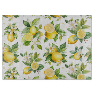 Lemon Pattern, Lemon Flowers, Leaves, Citrus Cutting Board