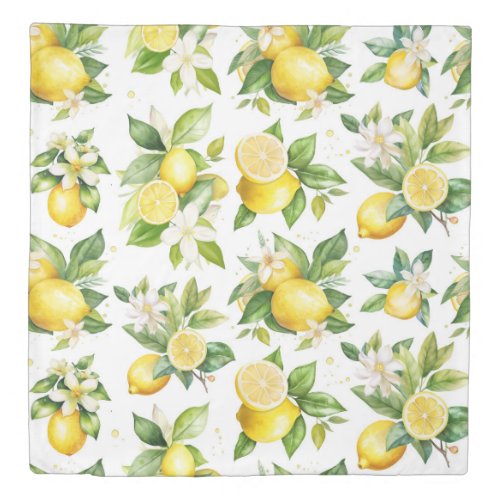 Lemon Pattern Lemon Flowers Leaves Citrus Duvet Cover