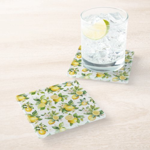 Lemon Pattern Lemon Flowers Leaves Citrus Glass Coaster