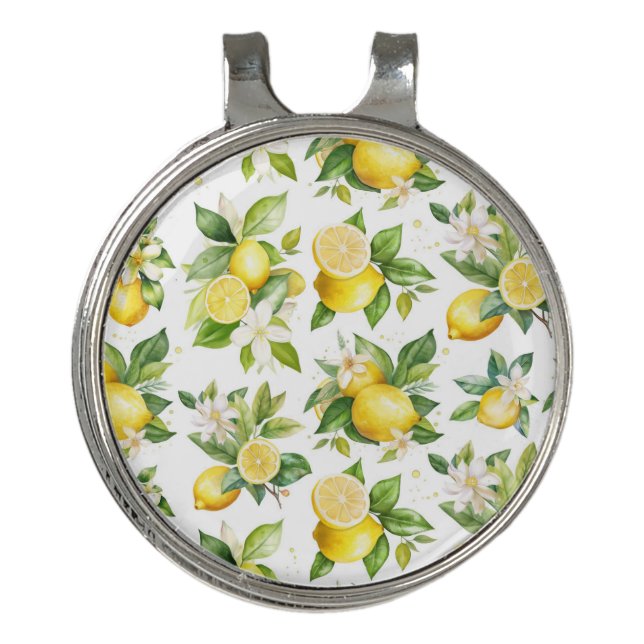 Lemon Pattern, Lemon Flowers, Leaves, Citrus Golf Hat Clip (Front)