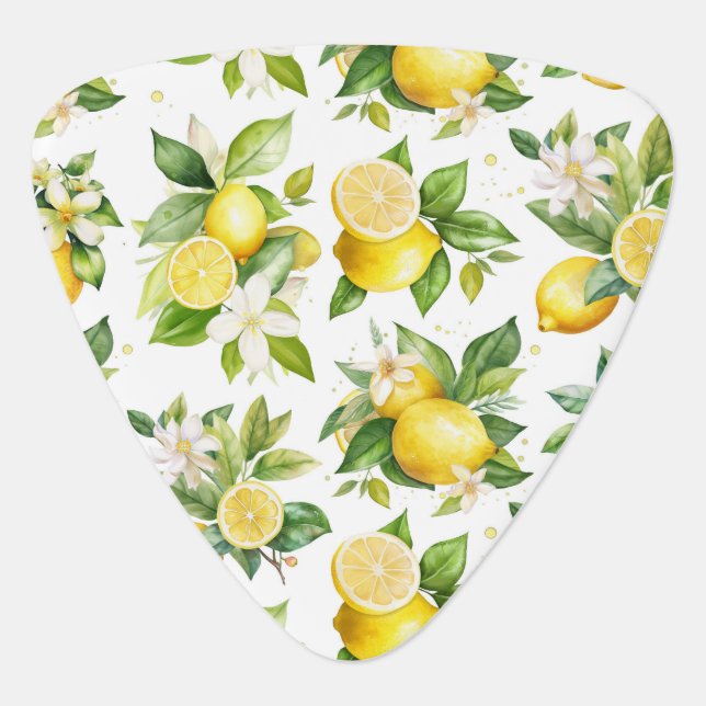 Lemon Pattern, Lemon Flowers, Leaves, Citrus Guitar Pick (Front)