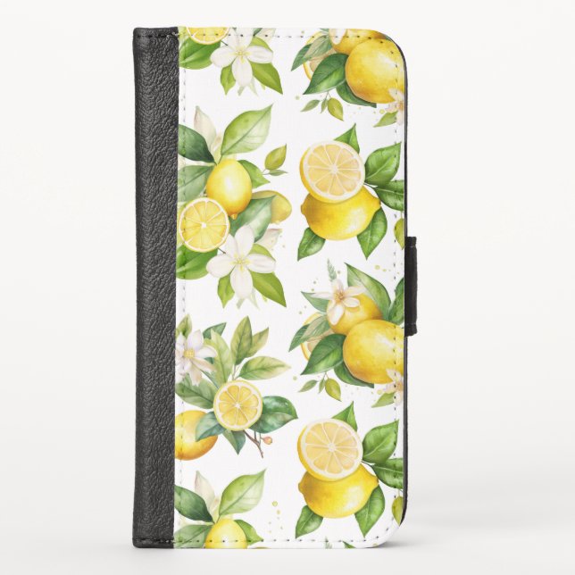 Lemon Pattern, Lemon Flowers, Leaves, Citrus iPhone Wallet Case (Front)