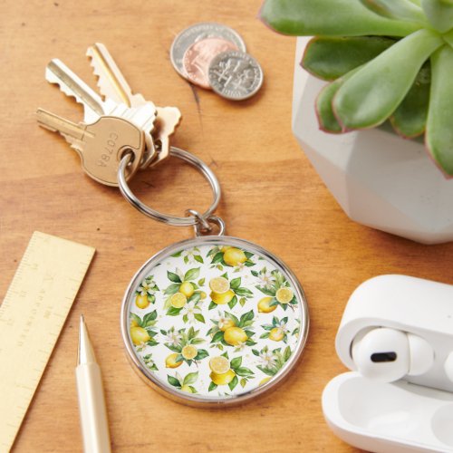 Lemon Pattern Lemon Flowers Leaves Citrus Keychain