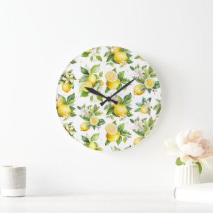 Lemon Pattern, Lemon Flowers, Leaves, Citrus Large Clock