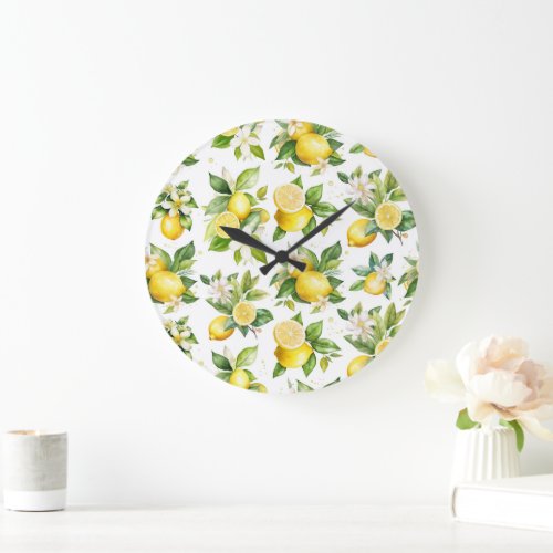 Lemon Pattern Lemon Flowers Leaves Citrus Large Clock
