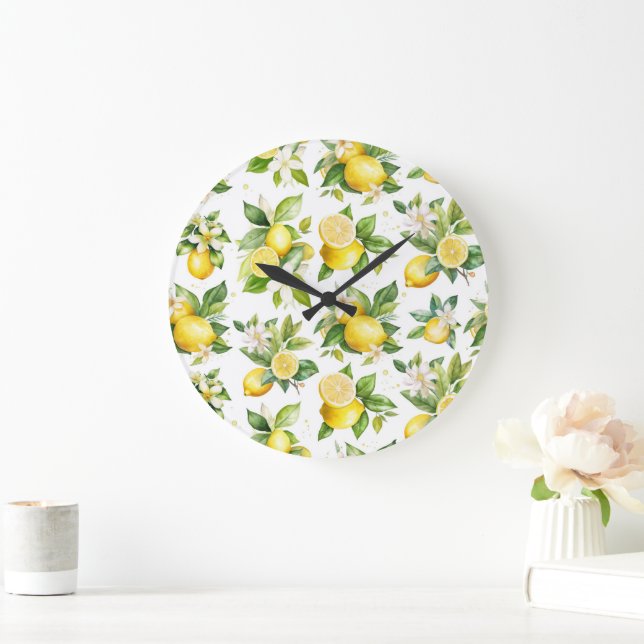 Lemon Pattern, Lemon Flowers, Leaves, Citrus Large Clock (Home)