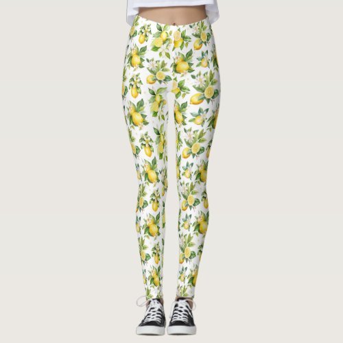 Lemon Pattern Lemon Flowers Leaves Citrus Leggings