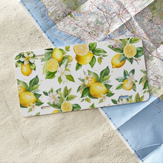Lemon Pattern, Lemon Flowers, Leaves, Citrus License Plate (In Situ)