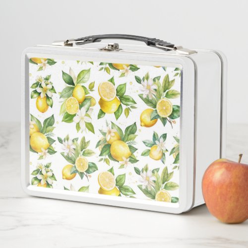 Lemon Pattern Lemon Flowers Leaves Citrus Metal Lunch Box