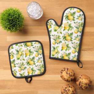 Lemon Pattern, Lemon Flowers, Leaves, Citrus Oven Mitt & Pot Holder Set