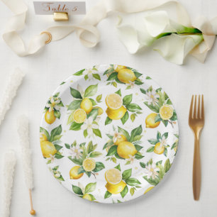 Lemon Pattern, Lemon Flowers, Leaves, Citrus Paper Plates