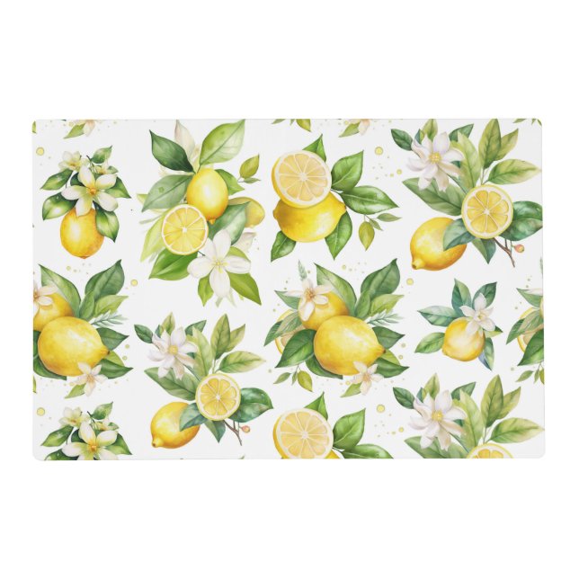 Lemon Pattern, Lemon Flowers, Leaves, Citrus Placemat (Front)