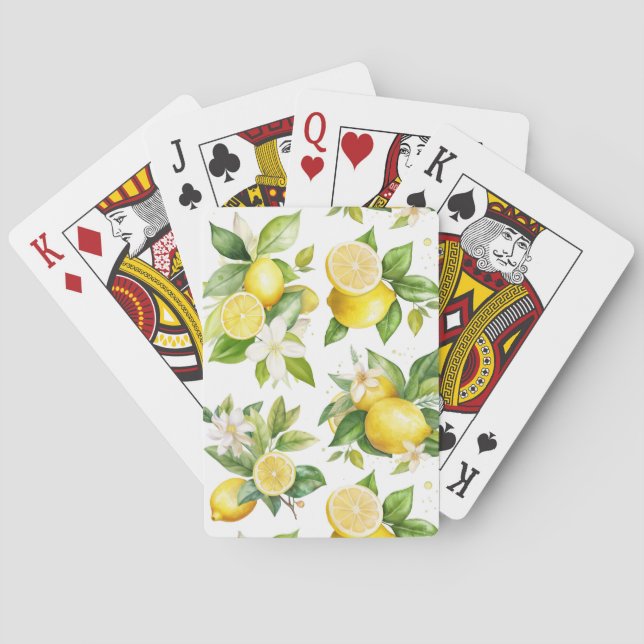 Lemon Pattern, Lemon Flowers, Leaves, Citrus Poker Cards (Back)