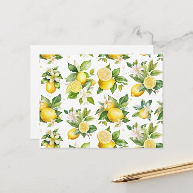 Lemon Pattern, Lemon Flowers, Leaves, Citrus Postcard (Front/Back In Situ)