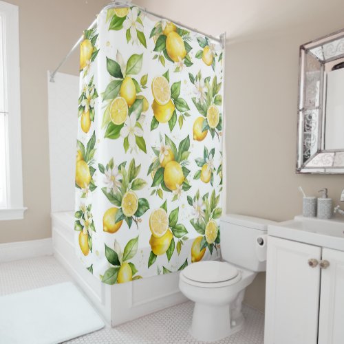 Lemon Pattern Lemon Flowers Leaves Citrus Shower Curtain