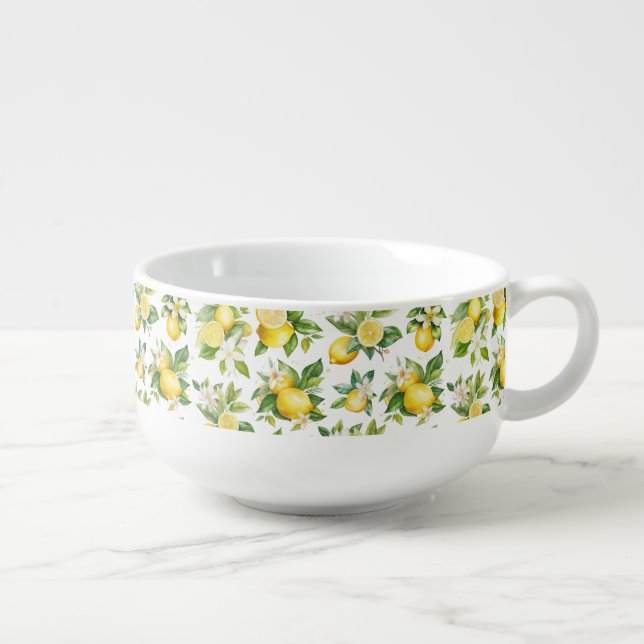 Lemon Pattern, Lemon Flowers, Leaves, Citrus Soup Mug (Left)