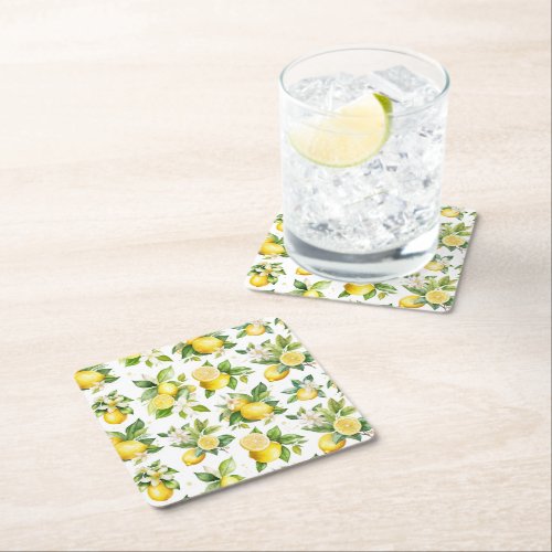 Lemon Pattern Lemon Flowers Leaves Citrus Square Paper Coaster