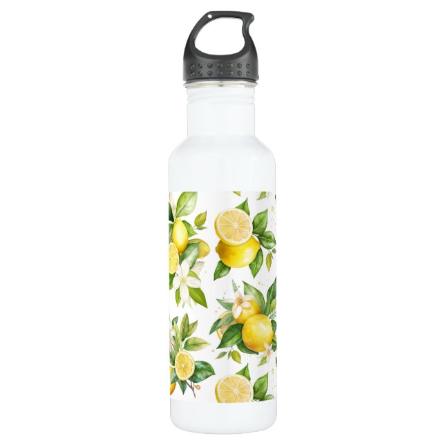 Lemon Pattern, Lemon Flowers, Leaves, Citrus Stainless Steel Water Bottle (Front)