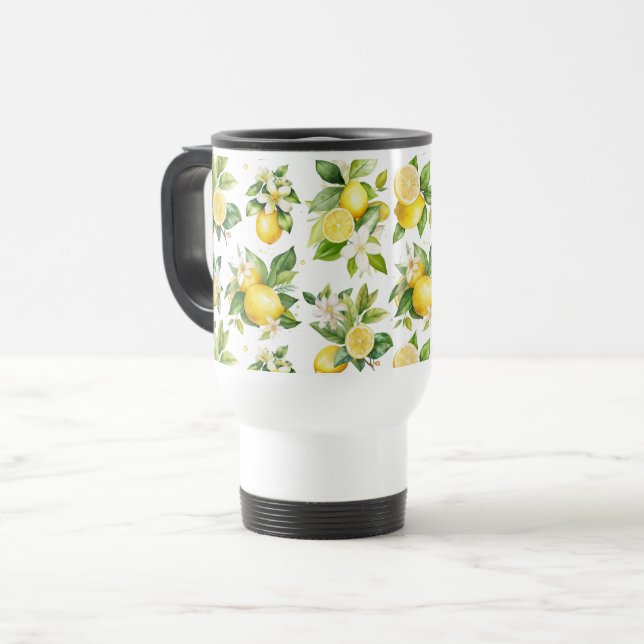 Lemon Pattern, Lemon Flowers, Leaves, Citrus Travel Mug (Front Left)